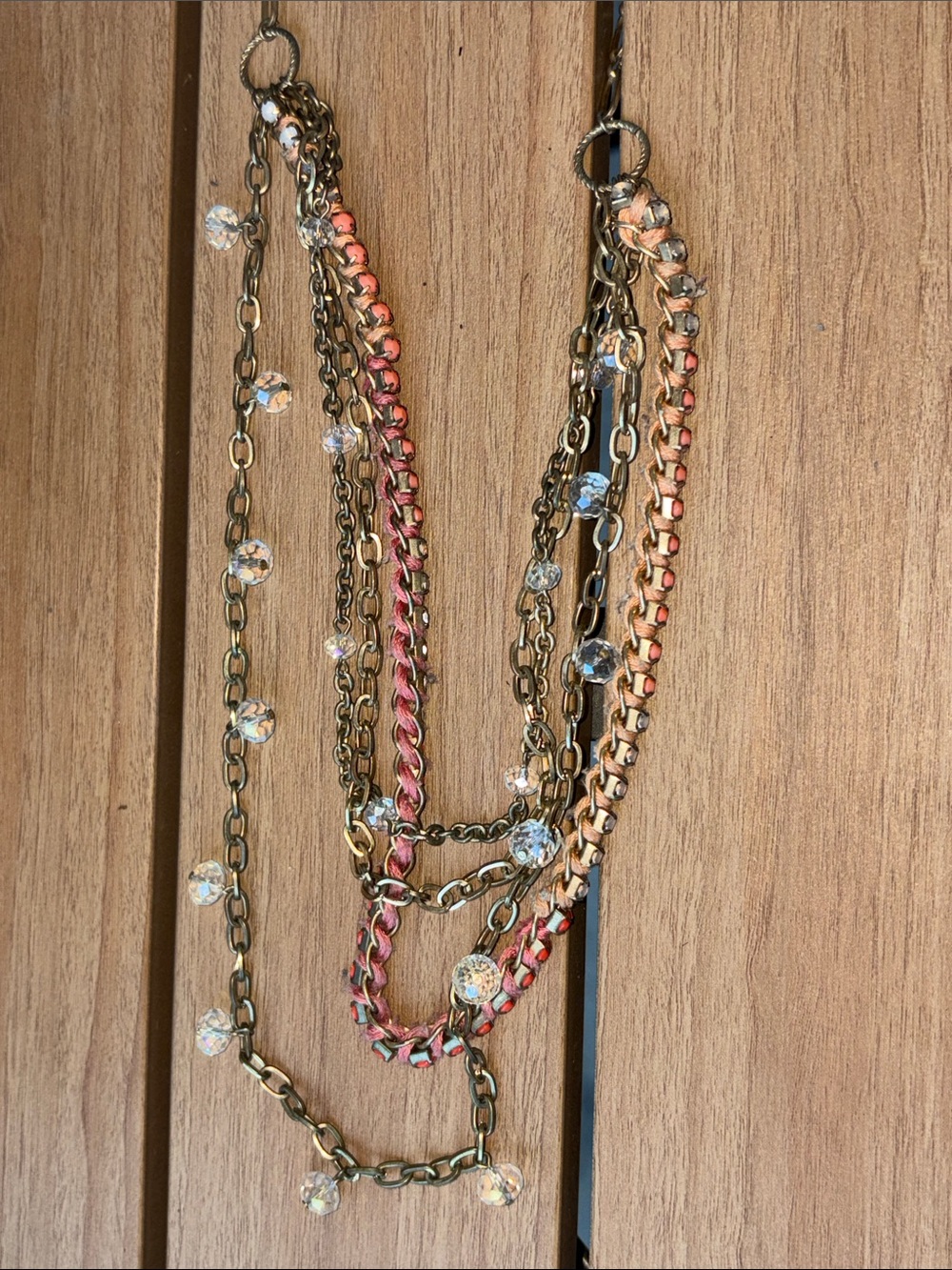 LOFT Gold and Pink Multi-Strand Chain Necklace with Crystal Accents